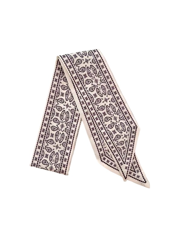 Women's Paisley Silk Twilly Scarf Long Ribbon Neck Scarf with Retro Geometric Border Versatile Hair Band Bag Handle Accessory Beige,90CM