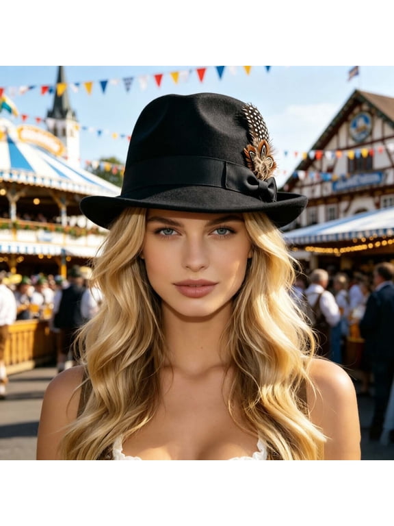 Women's Vintage Fedora Hat with Feather Wide Brim Hat with Ribbon Bow Classic Elegant Felt Hat for Fall Winter & Church Black,M