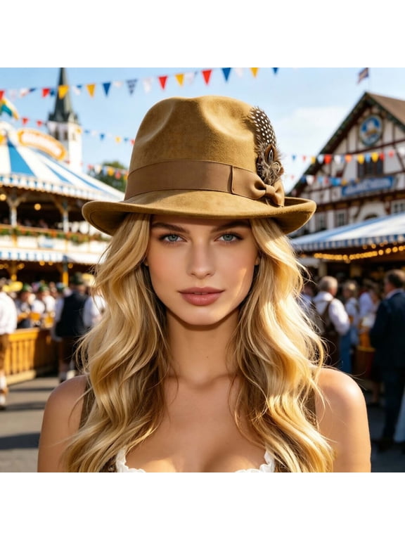Women's Vintage Fedora Hat with Feather Wide Brim Hat with Ribbon Bow Classic Elegant Felt Hat for Fall Winter & Church Khaki,M