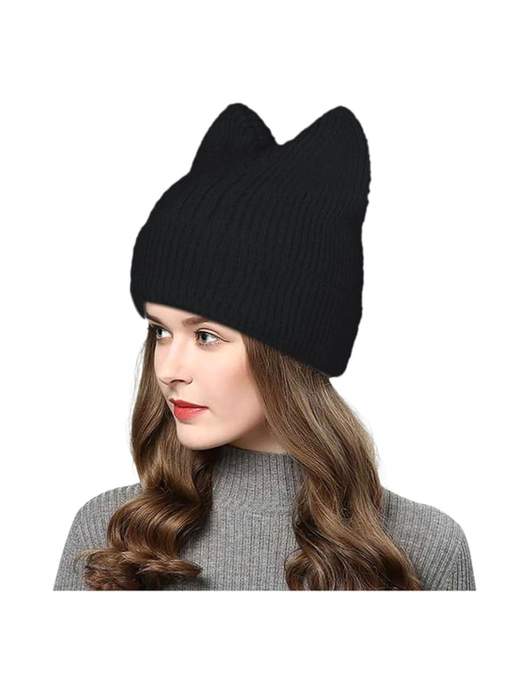 Womens Cat Ear Beanie Cute Ribbed Knit Hat with EarsSoft Warm Winter Ski Cap for Adult Teens Black