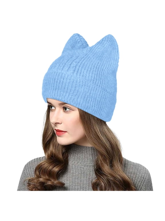 Womens Cat Ear Beanie Cute Ribbed Knit Hat with EarsSoft Warm Winter Ski Cap for Adult Teens Blue