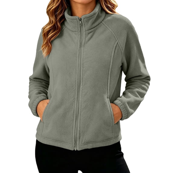 Huyun Womens Fleece Zip Up Jacket Lightweight Stand Collar Long Sleeve Athletic Running Jacket with Pockets Grey,XL