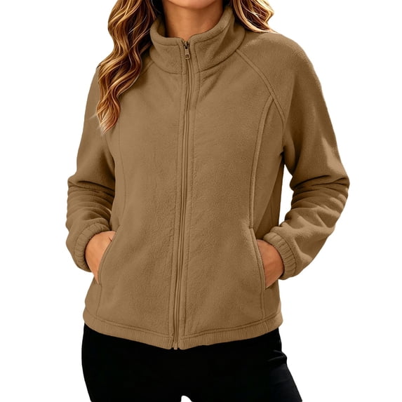 Huyun Womens Fleece Zip Up Jacket Lightweight Stand Collar Long Sleeve Athletic Running Jacket with Pockets Khaki,XL