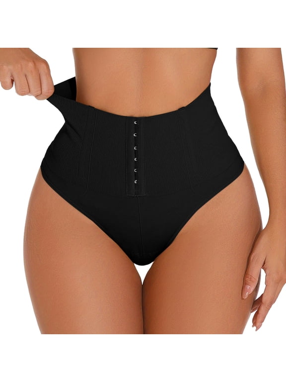 Womens High Waisted Tummy Control Shapewear Seamless Thong Panty Front Closure Waist Cincher Body Shaper for Daily Wearar Black,XXL