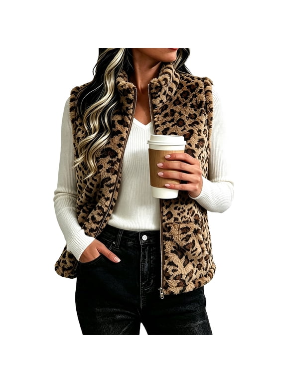 Womens Leopard Print Vest Zip Up V Neck Sleeveless Soft Warm Fuzzy Outerwear Casual Fall Winter Layering Top with Pockets Coffee,L