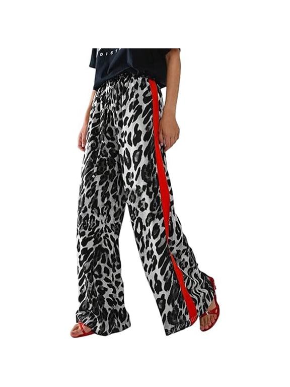 Womens Leopard Print Wide Leg Pants Side Red Stripe Loose Fit High Waisted Track Pants with Drawstring Casual Streetwear Trousers for Fall Black,M