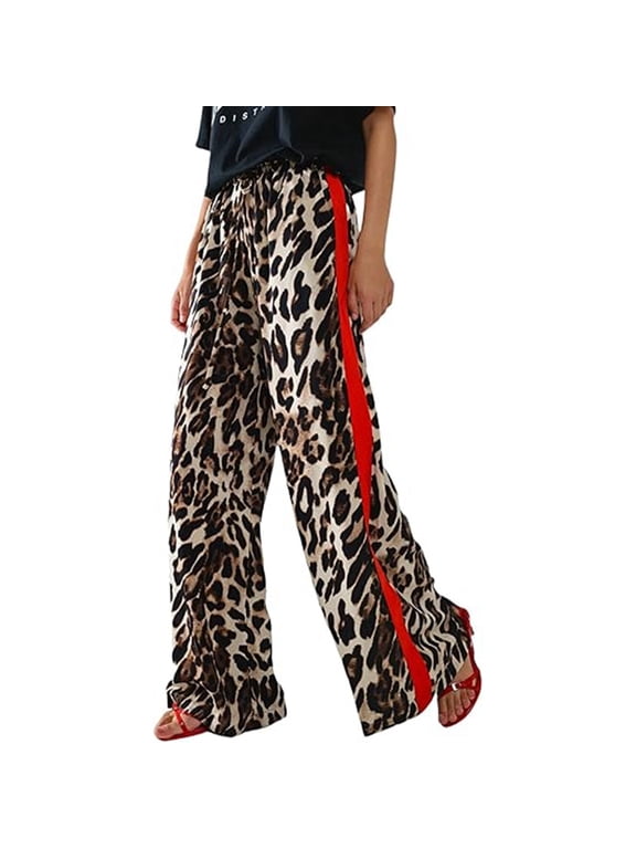 Womens Leopard Print Wide Leg Pants Side Red Stripe Loose Fit High Waisted Track Pants with Drawstring Casual Streetwear Trousers for Fall White,XL