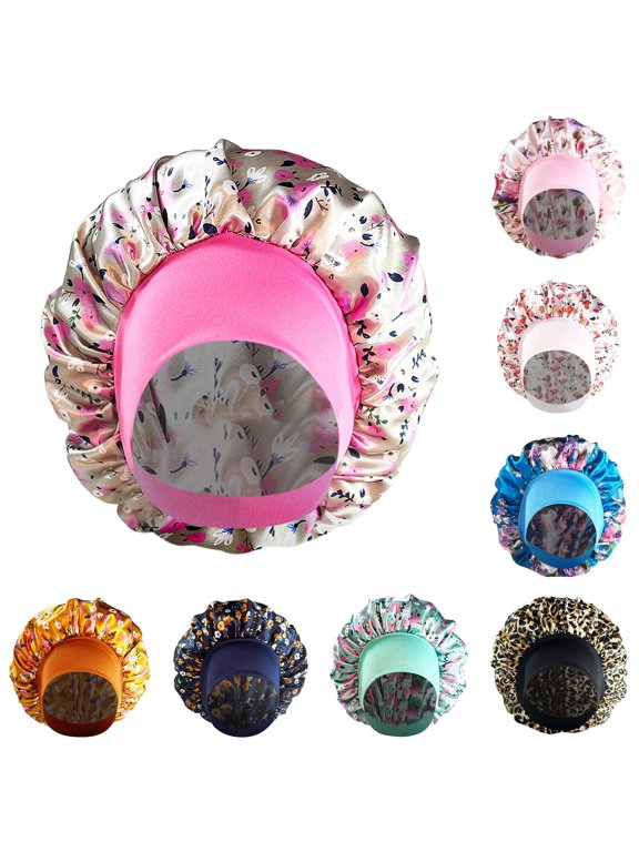 Womens Satin Bonnet Hat Fashionable Soft Floral Print Hair Sleep Leisure Soft Hair Wrap Slouch Breathable Curly Hair Bonnet Night Caps Pleated Ruched Shower Cap