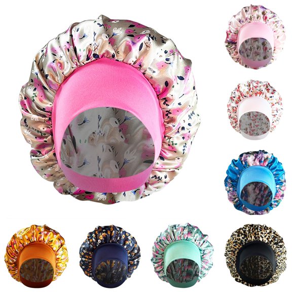 Huyun Womens Satin Bonnet Hat Fashionable Soft Floral Print Hair Sleep Leisure Soft Hair Wrap Slouch Breathable Curly Hair Bonnet Night Caps Pleated Ruched Shower Cap