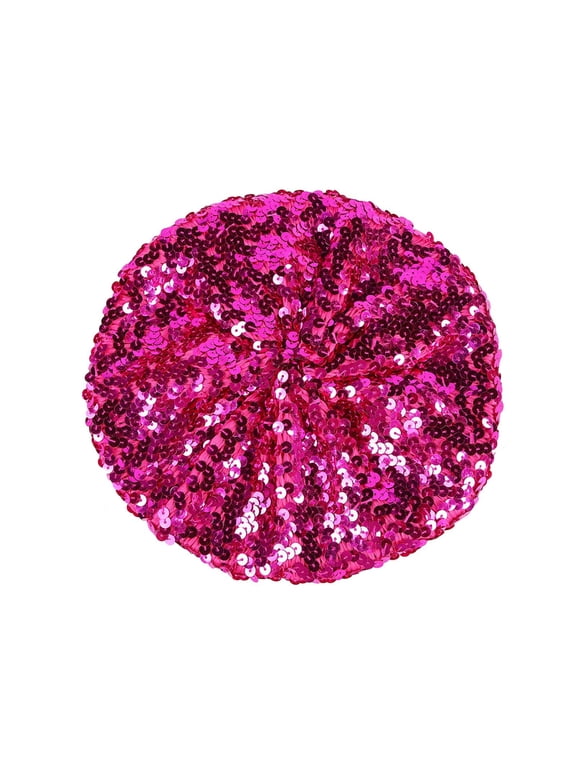 Womens Sequin Beret Hat Sparkly Glitter French Artist Beanie Shiny Party Hat for Fall Winter Hot Pink