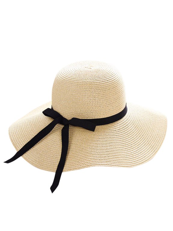 Womens Wide Brim Straw Sun Hat Floppy Beach Hat with Black Ribbon Bow Travel Hat for Vacation Pool Beige