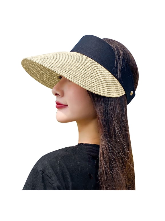 Womens Wide Brim Straw Sun Visor Hat Open-Top Beach Cap with Black Band UV Protection Hat for Travel Golf Beige