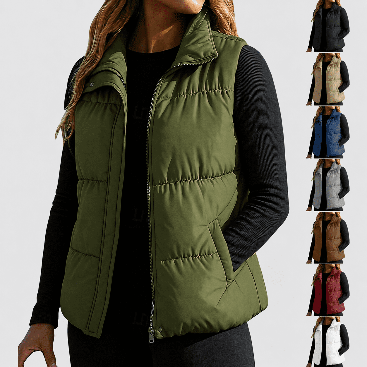 Huyxcye Women's Relaxed Fit Puffer Vest Stand Collar Zip Snap Closure ...