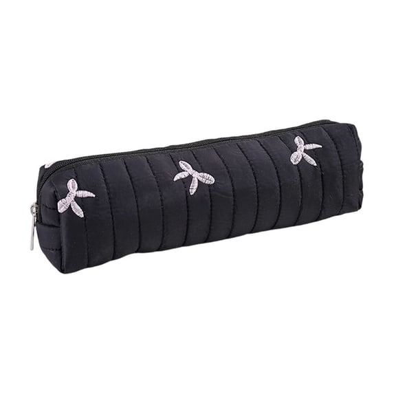 Huzdenx Quilted Puffy Fabric Pencil Pouch with Embroidery Bow, Minimalist Zipper Stationery Case, Wear Resistant Portable Multi Purpose Daily Storage Bag, Multiple Colors Available