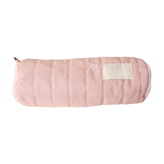 Huzdenx Vertical Stitch Quilted Cylindrical Puffy Pencil Pouch, Pastel Soft Fabric Zipper Storage Case, Portable Wear Resistant Multi Purpose Stationery Organizer Bag