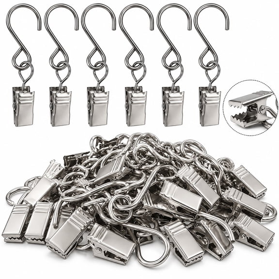 Huzeijin Curtain Clips with S Hooks, 50 Pack 2.4 Inch Metal Hanging Clips for Curtains, String Lights, Photos, Cards and Party Decor