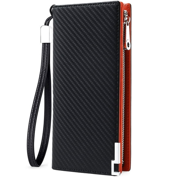 Huztencor Long Wallet for Men Leather Credit Card Holder RFID Blocking Bifold Mens Checkbook Cover Passport Travel Wallet with Zipper and Wrist Strap Carbon Fiber Black Orange