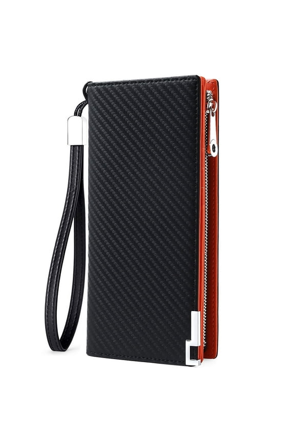 Long Wallet for Men Leather Credit Card Holder RFID Blocking Bifold Mens Checkbook Cover Passport Travel Wallet with Zipper and Wrist Strap Carbon Fiber Black Orange
