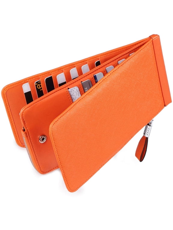 Women's Leather Card Holder Wallet for Credit Cards RFID Blocking Orange