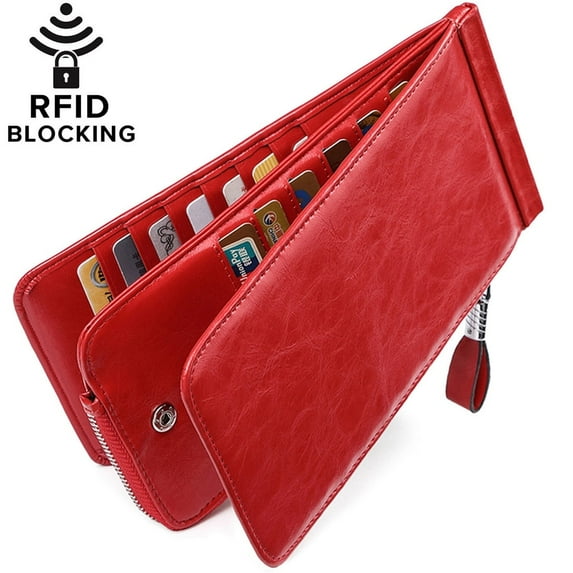 Huztencor Womens Leather Credit Card Holder Wallet RFID Blocking Wallet Women Card Case Purse Oil Wax Red