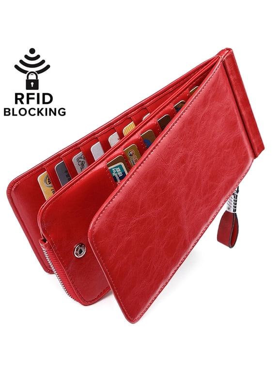 Womens Leather Credit Card Holder Wallet RFID Blocking Wallet Women Card Case Purse Oil Wax Red