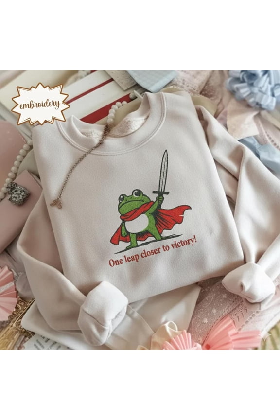 Huzzah Frog with Sword Embroidered Medieval Frog Sweatshirt, Funny Hoodie, Renaissance Faire Frog Embroidered T Shirt