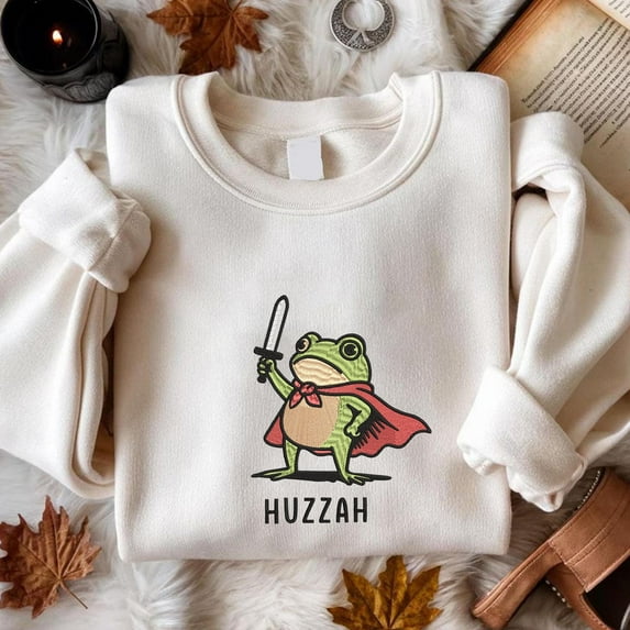 Huzzah Frog with Sword Embroidered Unisex T-shirt Sweatshirt Hoodie, Medieval Frog, Renaissance Faire Frog, Whimsical Medieval, Frog Knight.
