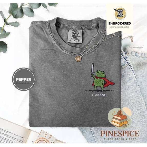 Huzzah Frog with Sword Tee, Embroidered Medieval Frog Shirt, Comfort Colors 1717, Funny DnD T-Shirt, Renaissance Faire Frog Gift
