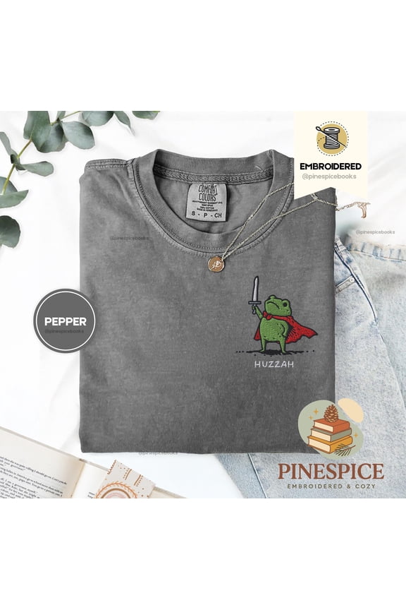 Huzzah Frog with Sword Tee, Embroidered Medieval Frog Shirt, Comfort Colors 1717, Funny DnD T-Shirt, Renaissance Faire Frog Gift