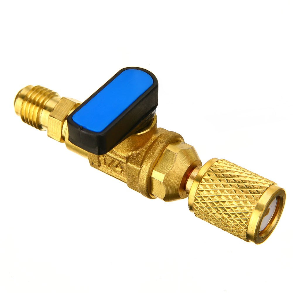 1/4" SAE HVAC Shut-Off Ball Valve - Straight Adapter For R134a, R22, R410a, R12 A/C Systems (Brass)