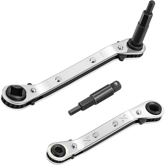 Hvac Service Wrench, Refrigeration Service Wrench Set, 3/8 to 1/4, 5/16'' x 1/4'' Ratcheting Service Wrench with Hex Bit Adapter for Air Conditioning, Refrigeration Equipment,Equipment Repair