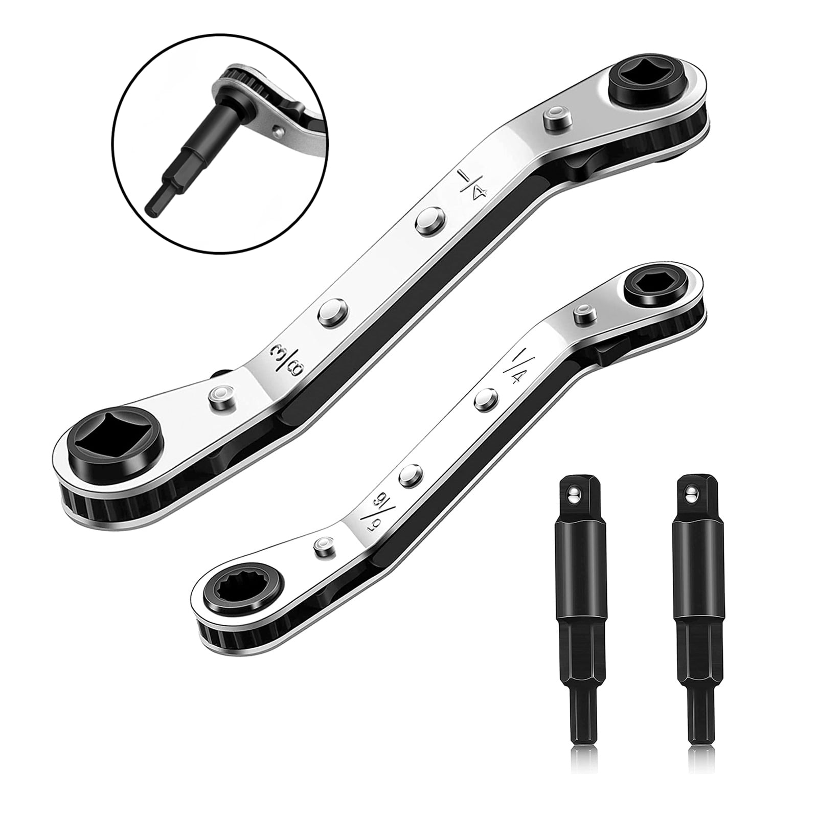 Hvac Service Wrench Tools,3/16” to 3/8” 5/16'' x 1/4''Air Conditioner Valve Ratchet Wrench with 2 Hexagon Bit Adapter Kit for Air Refrigeration Tools and Equipment Repair Tools Clearance