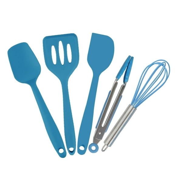 Hvanam Mini Kitchen Utensil Set Small Five-Piece Tiny Silicone Kids Kitchen Tools Whisk Tongs Spoon and Slotted Spatula for Cooking(Kids Baking Supplies) Blue