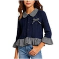 thumbnail image 1 of Hvarlaun Girls Button Down Shirt, Plaid Collar Long Sleeve Ruffle Hem Top with Bow Detail, Casual Fall, Ages 1-12, 1 of 9