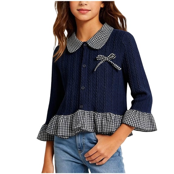 Hvarlaun Girls Button Down Shirt, Plaid Collar Long Sleeve Ruffle Hem Top with Bow Detail, Casual Fall, Ages 1-12