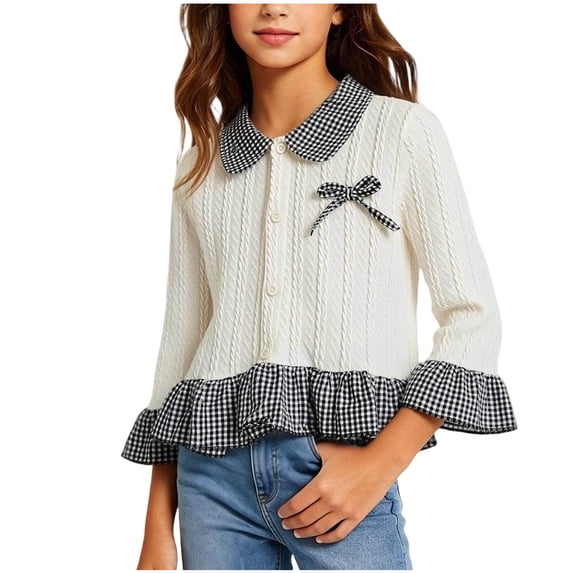 Hvarlaun Girls Button Down Shirt, Plaid Collar Long Sleeve Ruffle Hem Top with Bow Detail, Casual Fall, Ages 1-12
