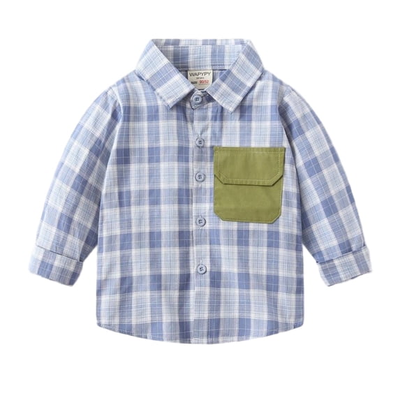 Hvarlaun Kids Plaid Button Down Shirt for Girls Boys, Long Sleeve Collared Top with Pocket, Casual Fall, Ages 2-8