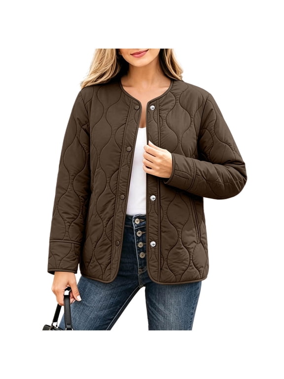 Women's Quilted Jacket Collarless Button Front with Pockets Long Sleeve for Fall Winter