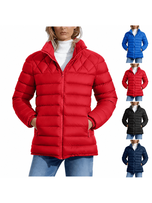 Women's Quilted Jacket Fitted Stand Collar Puffer Jacket Zip Up with Pockets for Winter