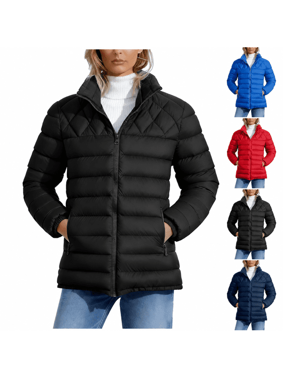 Women's Quilted Jacket Fitted Stand Collar Puffer Jacket Zip Up with Pockets for Winter