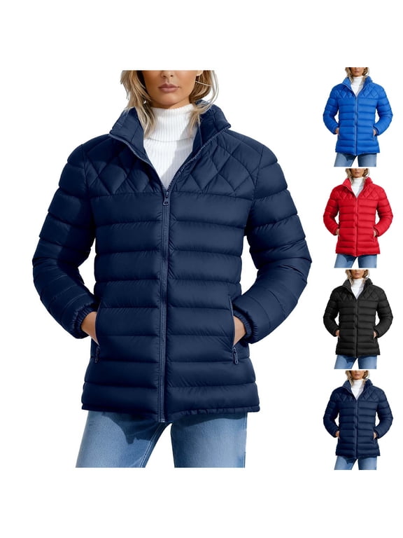 Women's Quilted Jacket Fitted Stand Collar Puffer Jacket Zip Up with Pockets for Winter