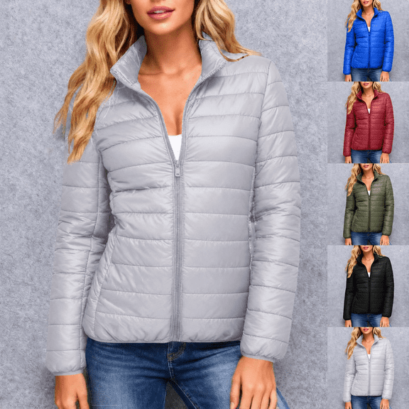 Hvarlaun Women's Quilted Jacket Stand Collar Puffer Jacket Full Zip Long Sleeve for Winter