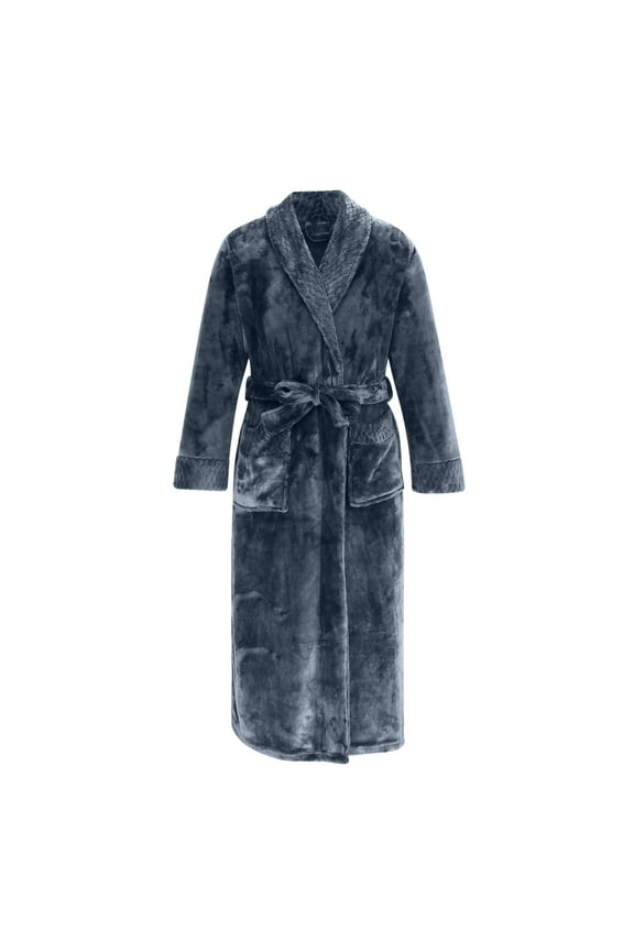 Hveysh Flannel Bathrobe for Men Warm Spa Bath Robe Casual Pockets Fluffy Robe Cozy Shawl Collar Sleepwear House Robe