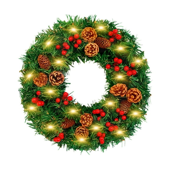 Hvmvliv 11.81in Lighted Christmas Wreath with Pinecone Simulation Pine Wreath for Front Door Window Hanging Christmas Decoration Green