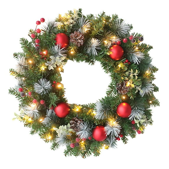 Hvmvliv 11.81in Pine Simulated Christmas Wreath Pvc Flocked Snow Xmas Vines Red Balls Decorative Wreath for Front Door Decoration Multicolor