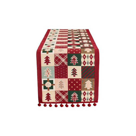 Hvmvliv 12x71 Inch Christmas Plaid Tree Print Table Runner with Red Pompom Fringe for Dining Table Holiday Party Decor Red