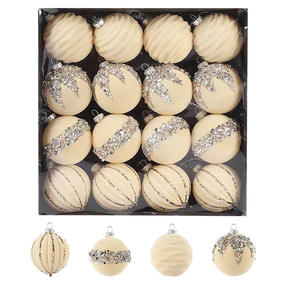 Hvmvliv 16-Count Velvet Christmas Balls 2.4 Inch Flocked Ornaments Plastic Xmas Tree Decorations with Hanging Loops Beige