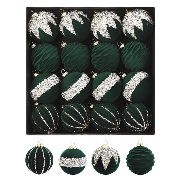 Hvmvliv 16-Count Velvet Christmas Balls 2.4 Inch Flocked Ornaments Plastic Xmas Tree Decorations with Hanging Loops Green