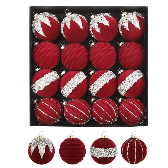 Hvmvliv 16-Count Velvet Christmas Balls 2.4 Inch Flocked Ornaments Plastic Xmas Tree Decorations with Hanging Loops Red