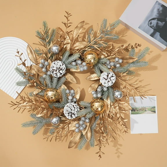 Hvmvliv 19.69in Frosted Pine Needles Christmas Wreath Front Door Ball Ornament Hanging Rattan Artificial Xmas Wreath Outdoor Christmas Decoration Gold